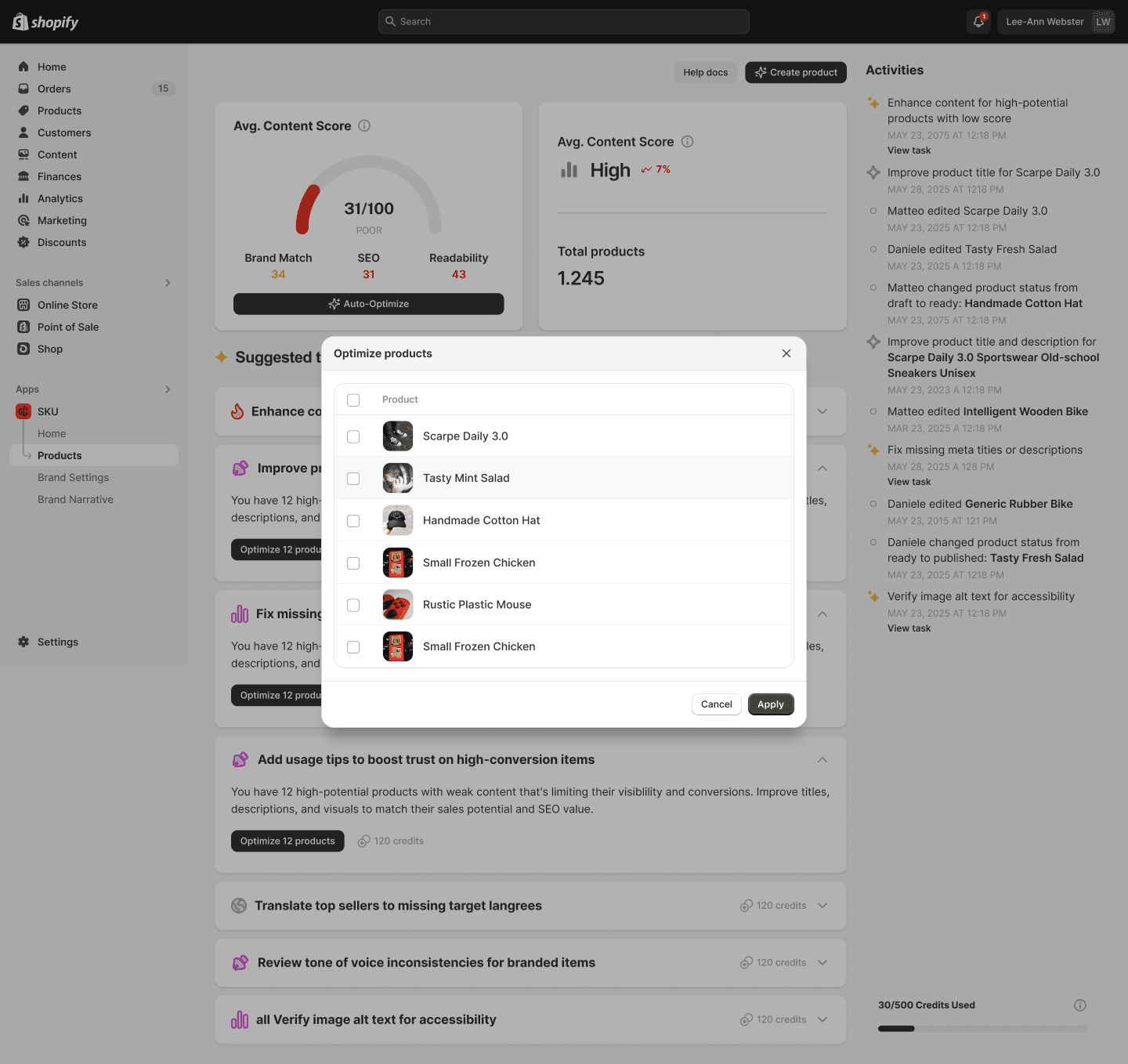 Skuus AI optimisation popup showing bulk product improvements